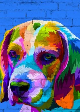Beagle on blue Brick Wall