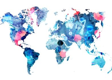 Watercolor Blue World Map