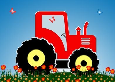 Red tractor in a field