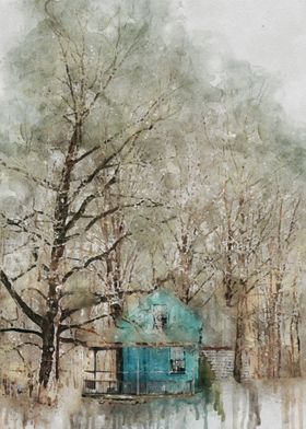 Blue cottage in the snow