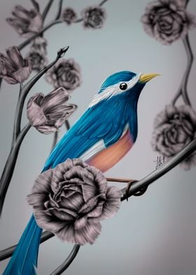 Blue bird in flowers