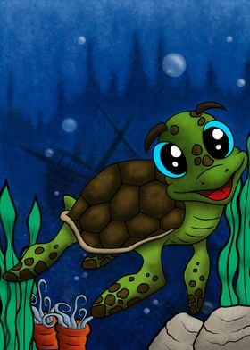 Turtle in deep ocean