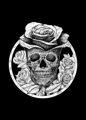 Skull Head Rose BW