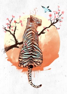Tiger at sakura tree