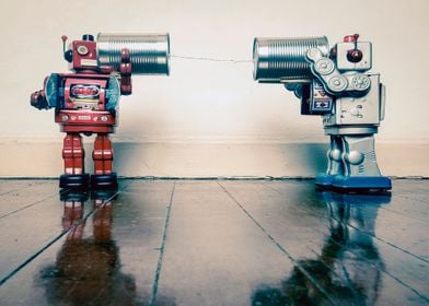 retro robots on old tin 