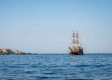 Wooden ship in the sea