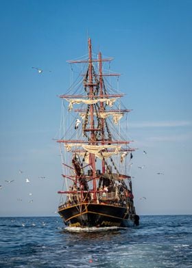 Wooden ship in the sea