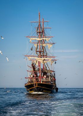 Wooden ship in the sea