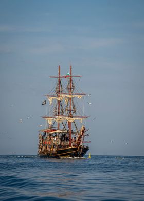 Wooden ship in the sea