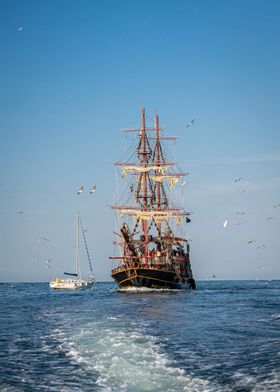 Wooden ship in the sea