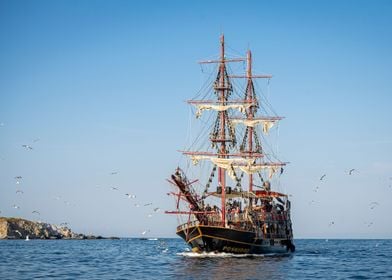 Wooden ship in the sea