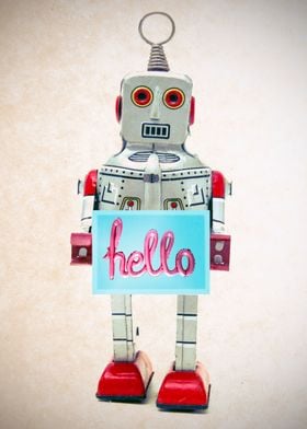 little bot holding a hello