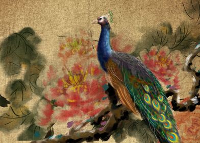 Peafowl Among The Flowers
