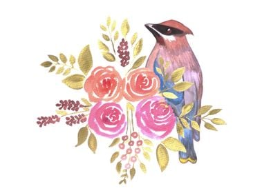 Cedar waxwing bird on rose