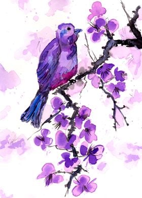 Purple Bird and Blossoms 