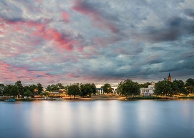 Cityscape and red clouds