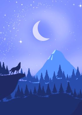 Wolf in Night Forest Lansc