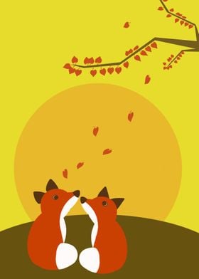 Two foxes in the sunset