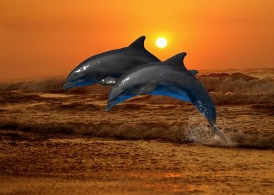 3D Dolphins at sunset