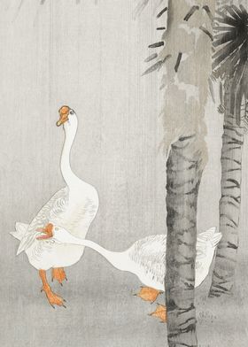 Geese under rain woodblock