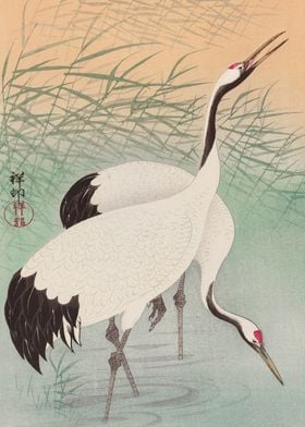 Two cranes woodblock print