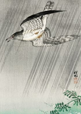 Cuckoo in rain woodblock 