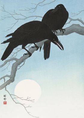 Crows on tree woodblock 