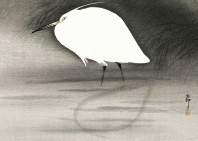 Egret in swamp woodblock 