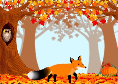 Autumn forest with fox