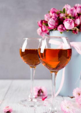 pink roses and wine glass