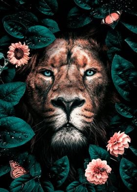 wild lion with flowers  