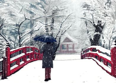 Snowfall on a Red Bridge