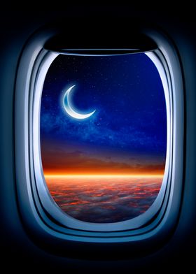 Airplane porthole Moon