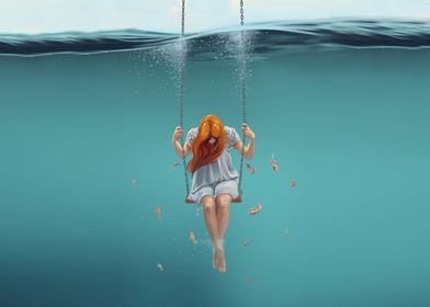 Woman in swing in sea
