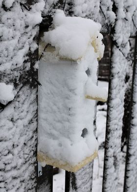 Snowy yellow birdhouse