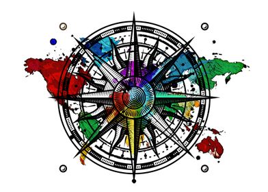 map compass on watercolor 