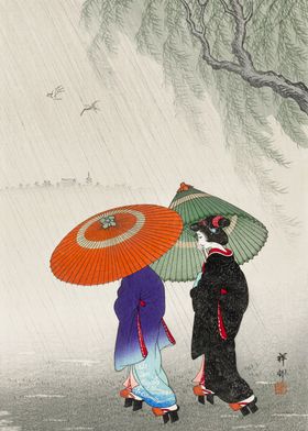 Women in Rain Woodblock