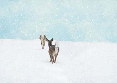 Deer in Snow on Blue 