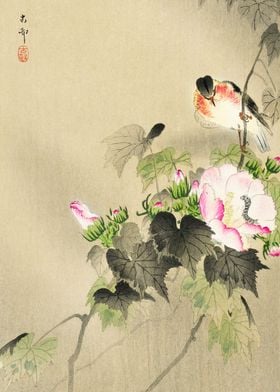 Bird on Flower woodblock