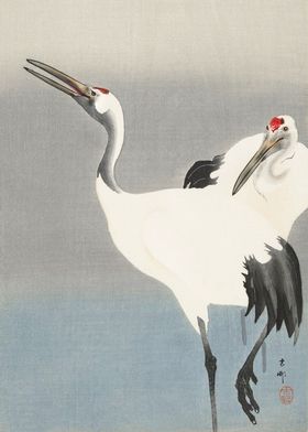 Two egrets woodblock print