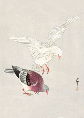 Two pigeons woodblock art