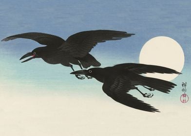 Crows mid flight woodblock