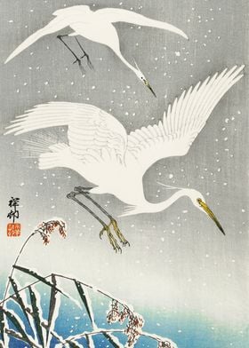 Egrets landing woodblock 