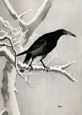 Crow on tree woodblock art