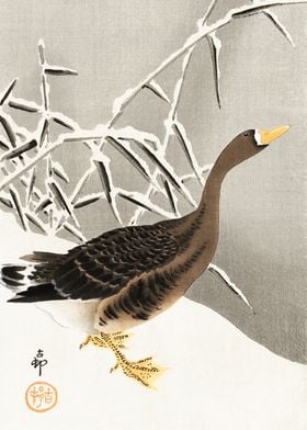 Goose in snow woodblock 