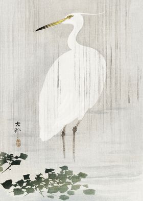 Egret in the rain woodcut