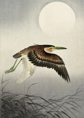 Bird at full moon woodcut