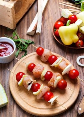 Raw skewers on a wooden