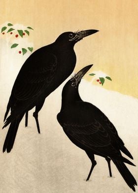 Crows in the snow woodcut