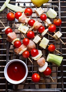 Raw skewers on a grill